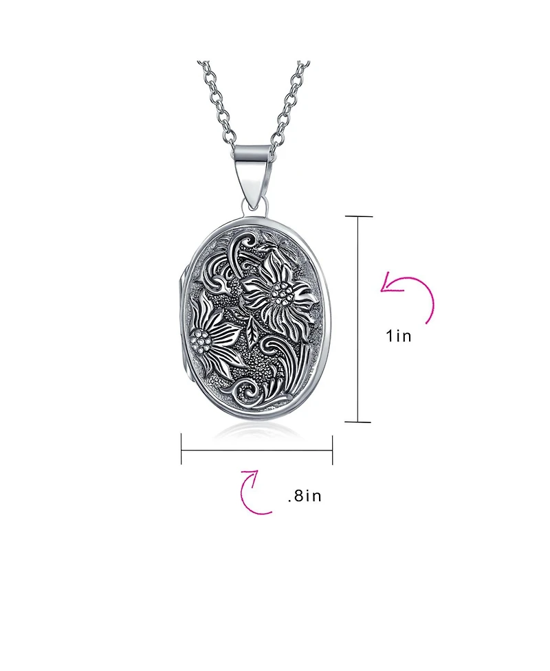 Bling Jewelry Oval Photo Keepsake Locket Necklace Floral Sunflower Embossed Design Oxidized .925 Sterling Silver
