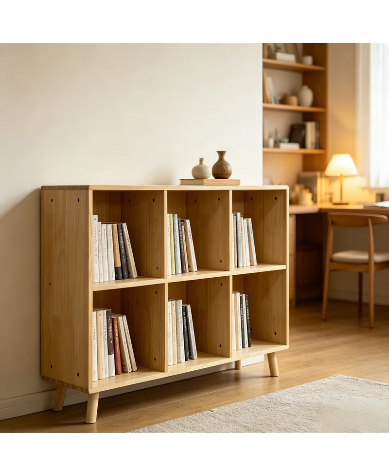 Rainsken 6 Cube Wooden Storage Shelf, with Legs, 2 Tier Cube Low Horizontal Bookcase, for Living Room, Bedroom, Office, Entryway