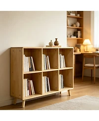 Rainsken 6 Cube Wooden Storage Shelf, with Legs, 2 Tier Cube Low Horizontal Bookcase, for Living Room, Bedroom, Office, Entryway