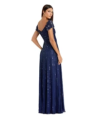 Mac Duggal Women's Beaded Cap Sleeve V-Neck A-Line Evening Gown