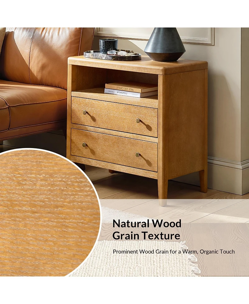 Hulala Home Sanctis Modern 2-Drawer 28"W Solid Wood End Table with Built-in Power Outlet