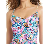 Beyond Control Women's Artistic Paisley Cowl Neck One-Piece Swim Dress