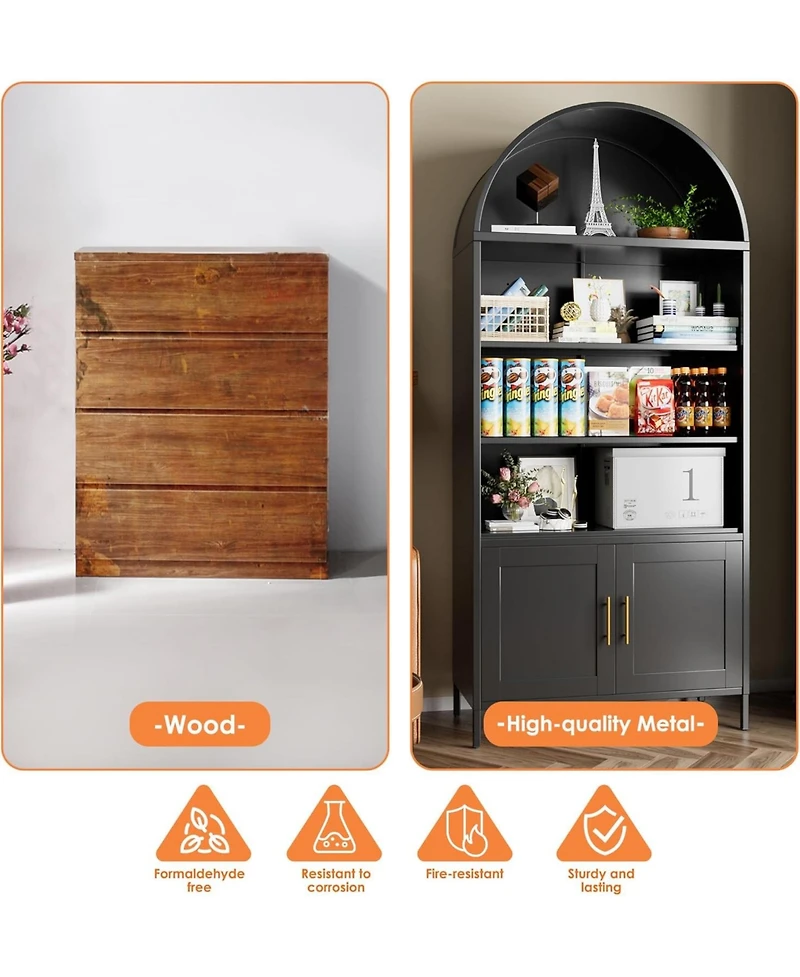 Boyel Living Metal Arched Bookcase Cabinet, Wide Tall Bookshelf with Glass Doors and Adjustable Shelves