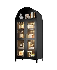 Boyel Living 78.7" Metal Arched Display Cabinet with Glass Doors and Led Lights, Lockable Bookshelf with Adjustable Shelves