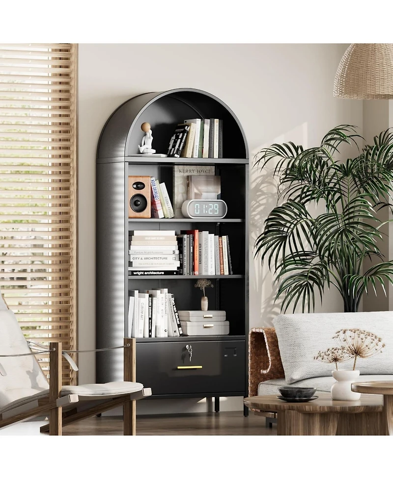 Boyel Living 72.8" Metal Arched Bookcase with File Drawer, Tall Storage Cabinet with Adjustable Shelves for Home Office