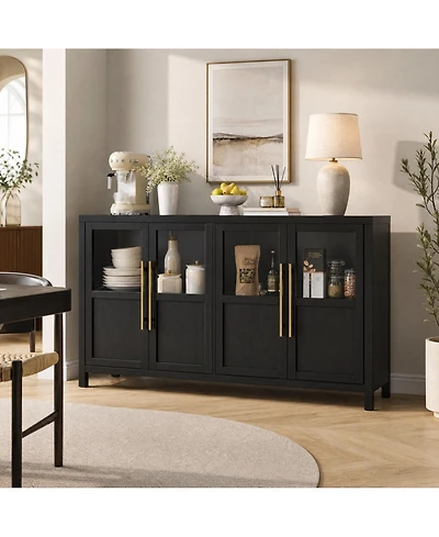 homfan Four-Door Glass Sideboard Cabinet with Storage Shelves, Buffet Server for Dining Room Living Kitchen