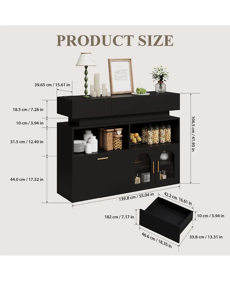 homfan Coffee Bar Cabinet,Kitchen Storage Cabinet with 3 Drawers,Sideboard Buffet Cabinets Ajustable Shelf