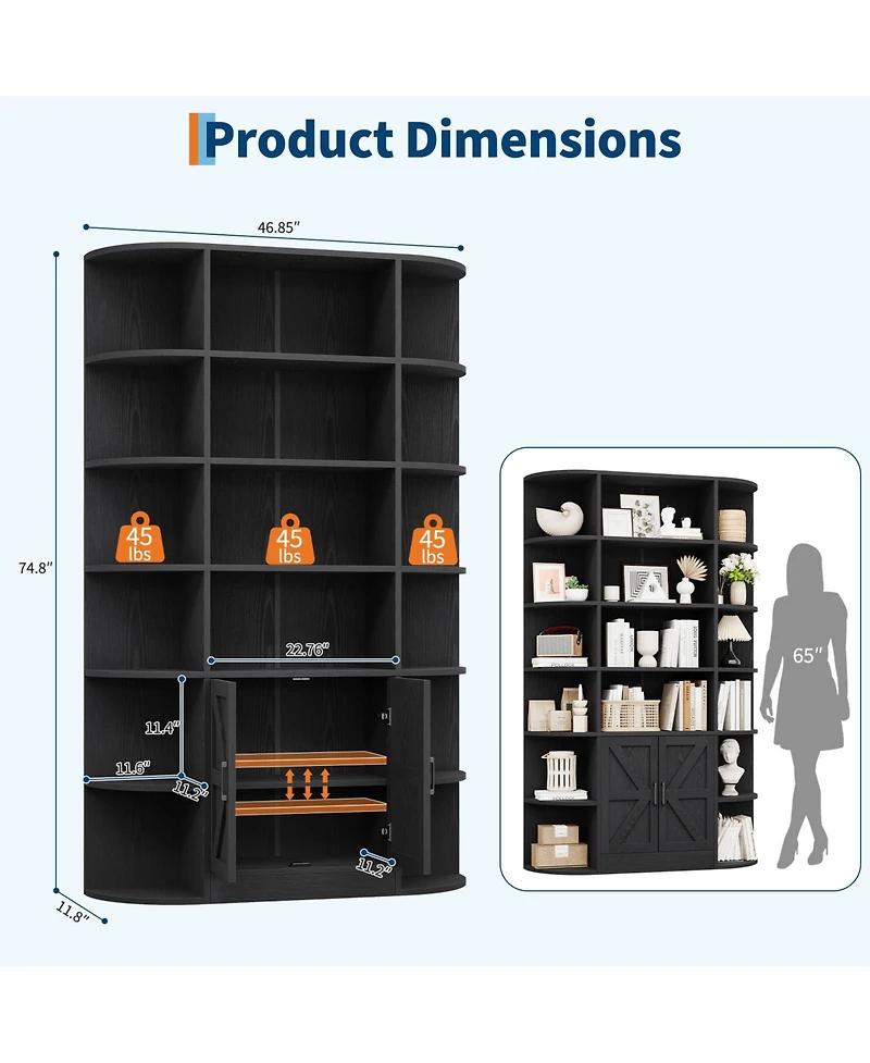 homfan Furniture 6-Tier Wooden Storage Bookcase with Cabinet and Doors, Modern 75 Inch Tall Display Organizer for Activity Room, Living Room Home