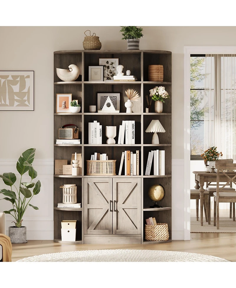 homfan Furniture 6-Tier Wooden Storage Bookcase with Cabinet and Doors, Modern 75 Inch Tall Display Organizer for Activity Room, Living Room and Home