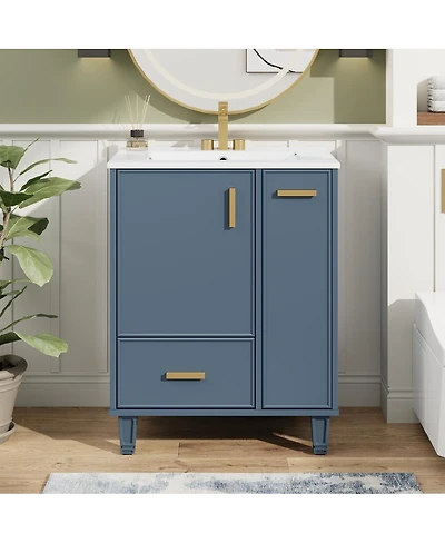 Thirtypeachy Modern Vanity With Ceramic Sink, Soft-Close Door, Deep Drawer 2-Tier Pull-Out Basket