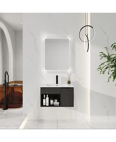 Sillysis Wall Mounted Bathroom Vanity with Ceramic Sink, Soft Close Door, Open Shelf Storage