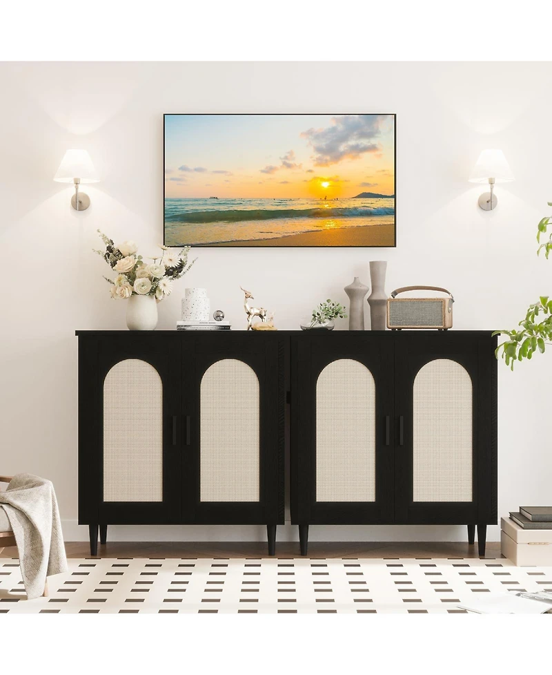 homfan 2 Piece Farmhouse Rattan Sideboard Buffet Cabinets, 35.2 Inch Compact Accent Table with Single Door and Adjustable Shelves for Entryway
