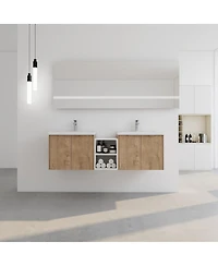 Sillysis 59 Inch Wall Mounted Double Bathroom Vanity with Resin Sinks, Plywood Cabinets and Open Storage for Modern Bathrooms