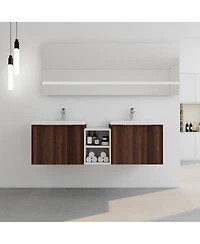Sillysis 59 Inch Wall Mounted Double Bathroom Vanity with Resin Sinks, Plywood Cabinets and Open Storage for Modern Bathrooms
