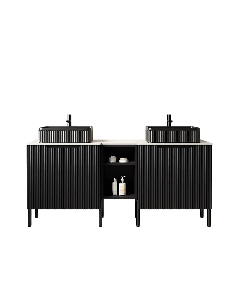 Sillysis 60 Inch Bathroom Vanity with Double Vessel Sinks, Sintered Stone Countertop, Soft Close Doors, Open Shelf Storage