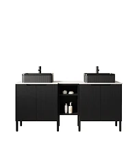 Sillysis 60 Inch Bathroom Vanity with Double Vessel Sinks, Sintered Stone Countertop, Soft Close Doors, Open Shelf Storage
