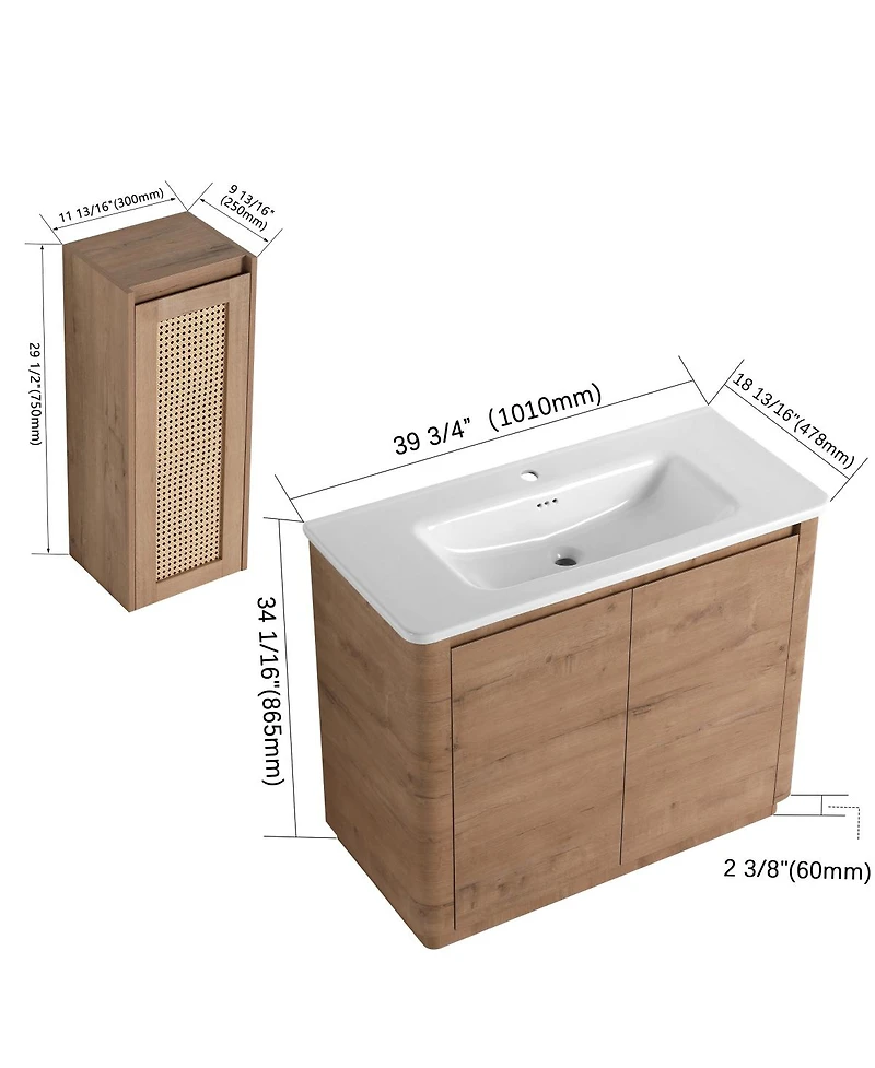 Sillysis Bathroom Vanity Set with Side Cabinet, Freestanding Modern Plywood Storage, Ceramic Sink and Soft Close Doors