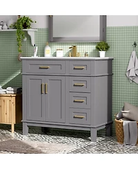 Sillysis 36" Modern Bathroom Vanity with Sink, Freestanding Solid Wood Cabinet, Soft Close Drawers for Home Bathroom