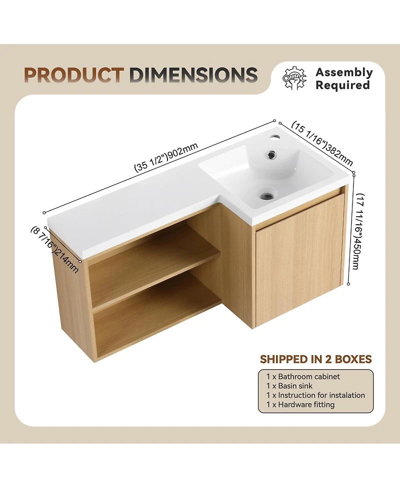Sillysis 35.5 Inch Corner Floating Bathroom Vanity with Integrated Resin Sink, Plywood Cabinet, Open Storage for Small Bathrooms