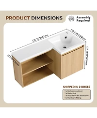 Sillysis 35.5 Inch Corner Floating Bathroom Vanity with Integrated Resin Sink, Plywood Cabinet, Open Storage for Small Bathrooms