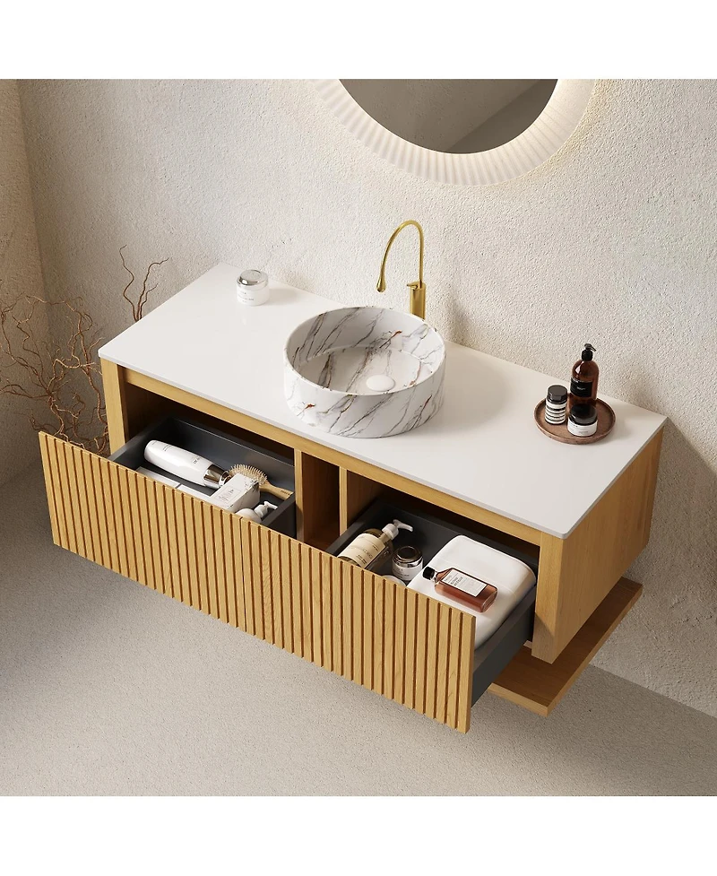 Sillysis 48 Inch Wall Mounted Bathroom Vanity with Ceramic Basin, Sintered Stone Top, Large Drawer, Open Shelf Storage, Pre-assembled