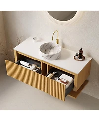 Sillysis 48 Inch Wall Mounted Bathroom Vanity with Ceramic Basin, Sintered Stone Top, Large Drawer, Open Shelf Storage, Pre-assembled