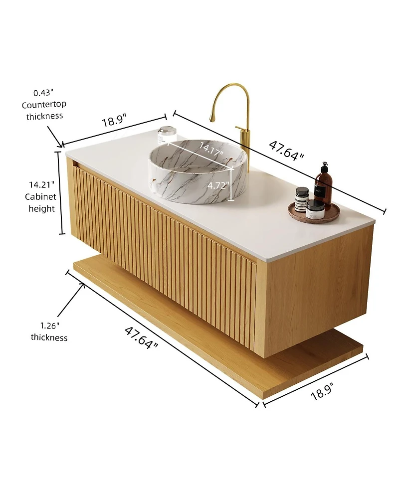 Sillysis 48 Inch Wall Mounted Bathroom Vanity with Ceramic Basin, Sintered Stone Top, Large Drawer, Open Shelf Storage, Pre-assembled