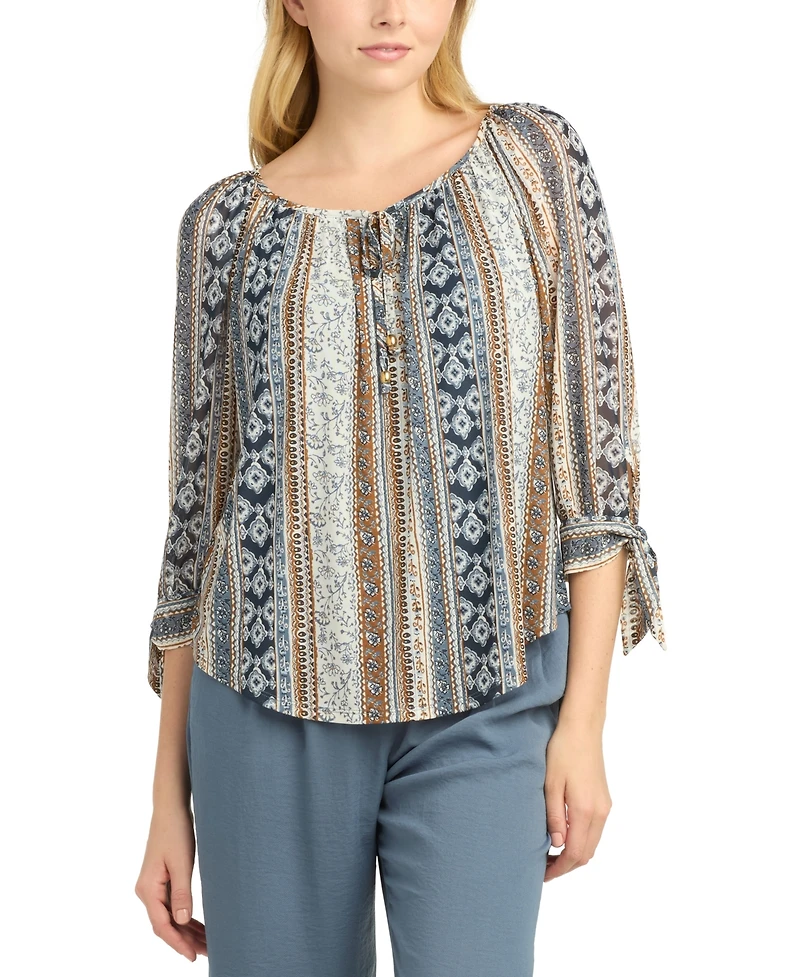 Bcx Juniors' Printed Mesh Peasant Top