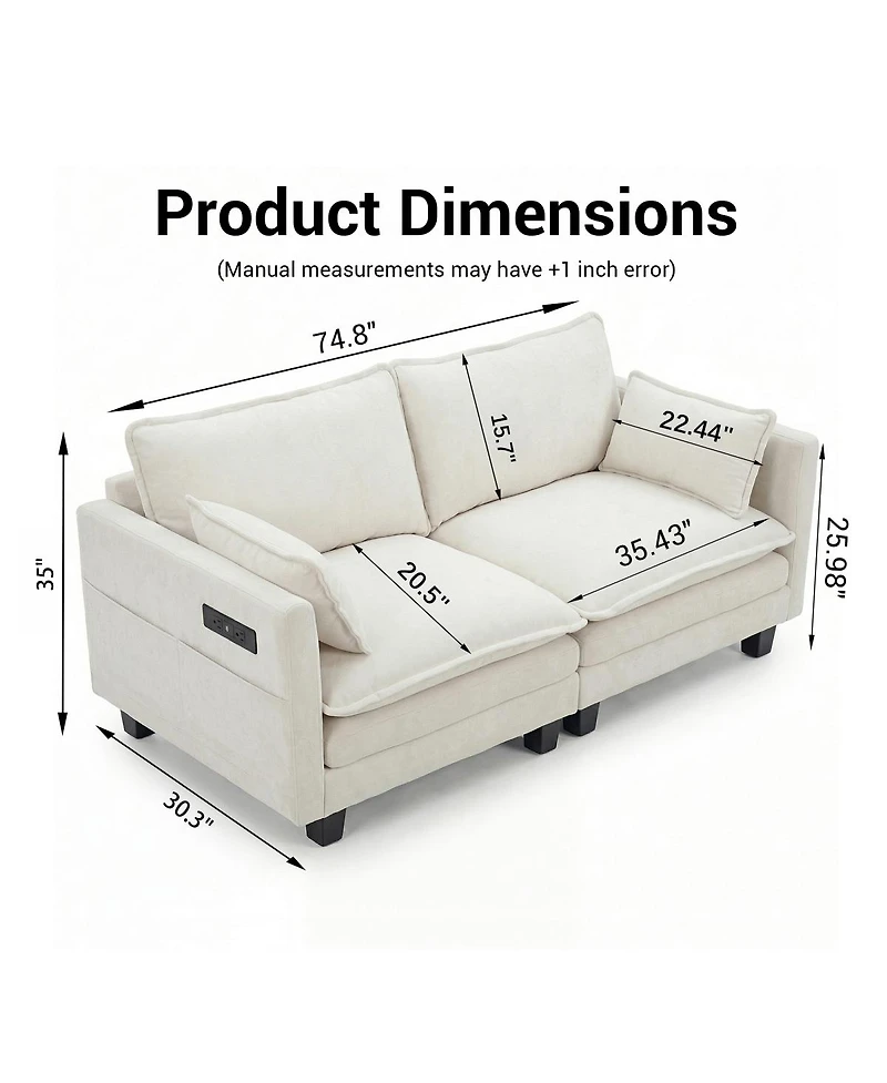Streamdale Furniture Modern Chenille 2-Seat Loveseat with Usb Ports and Side Pockets