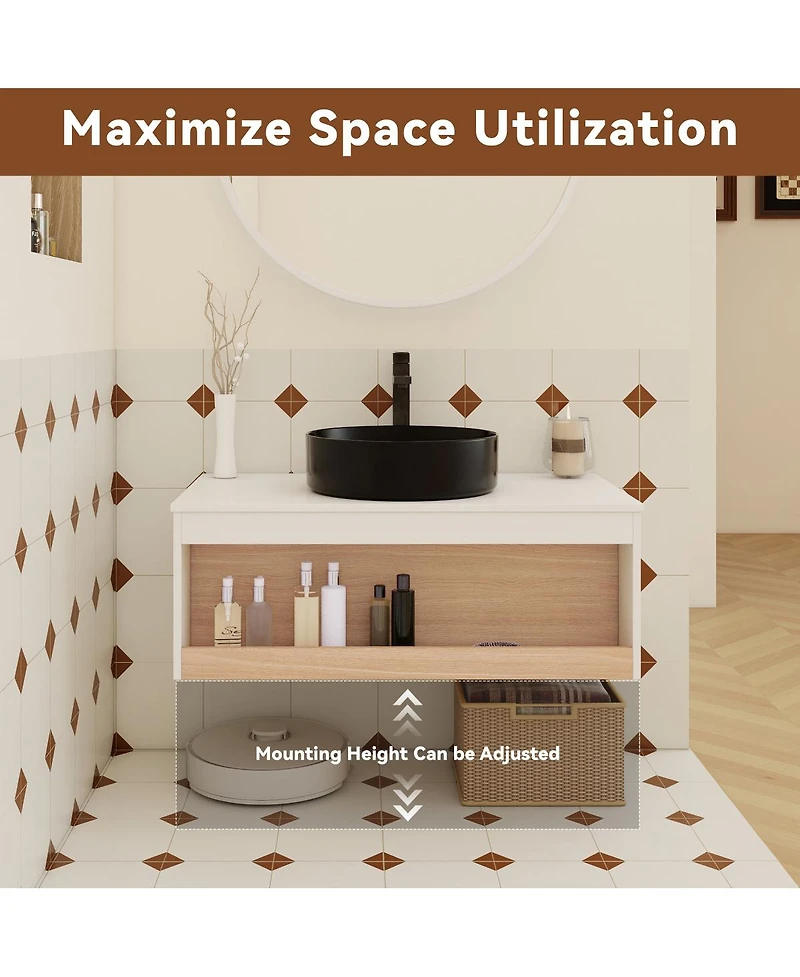 Sillysis Inch Wall Mounted Bathroom Vanity with Vessel Sink, Floating Plywood Cabinet