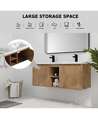 Sillysis 48 Inch Wall Mounted Double Sink Bathroom Vanity with Resin Basin, Soft Close Doors, Open Storage, Modern Floating Cabinet