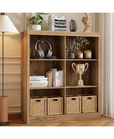 homfan 6-Cube Wooden Bookshelf for Office and Home, Modern Bookcase with Anti-Tip Design, Open Display Storage Shelves, Sturdy Organizer