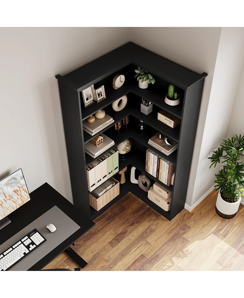 homfan Tall L-Shaped Corner Bookshelf, Farmhouse Design 5-Tier Large Wooden Bookcase, Modern Storage Display Shelf for Living Room, Bedroom