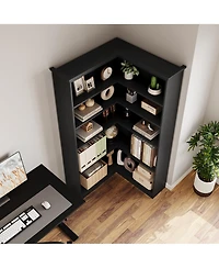 homfan Tall L-Shaped Corner Bookshelf, Farmhouse Design 5-Tier Large Wooden Bookcase, Modern Storage Display Shelf for Living Room, Bedroom