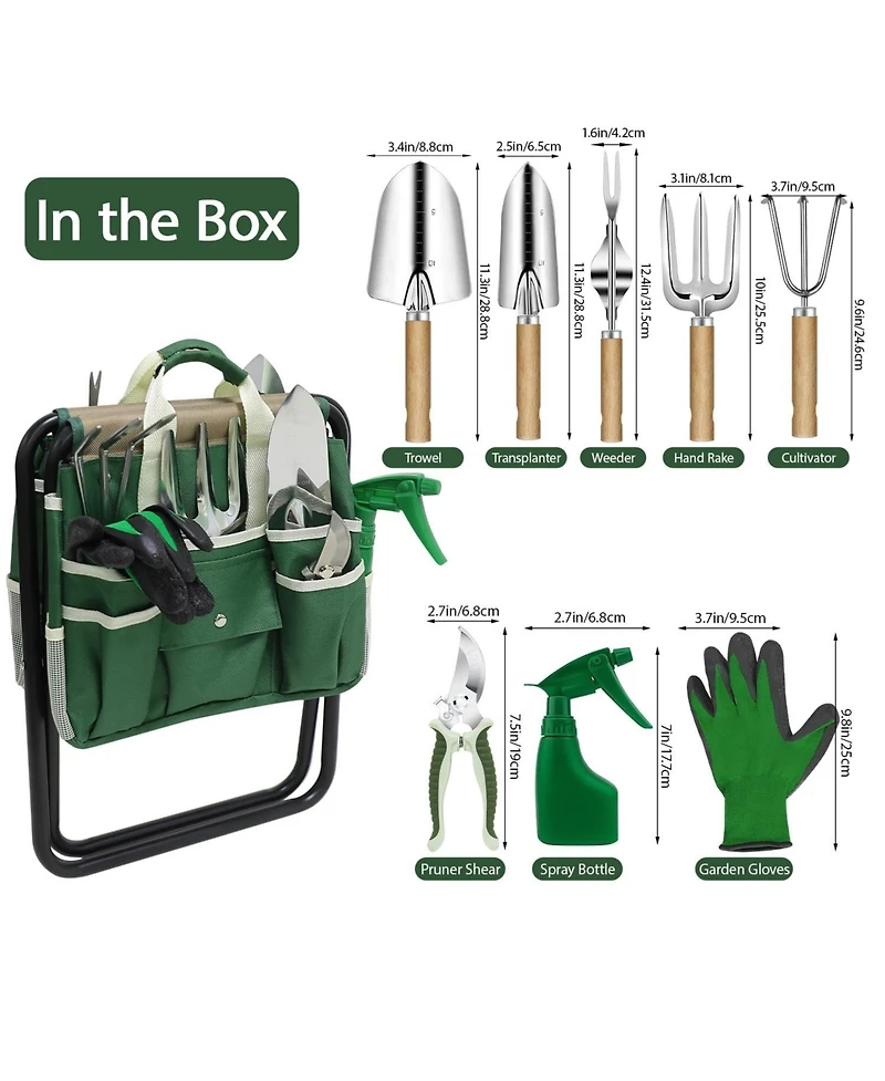 Xdovet 10-Piece Gardening Tool Set Includes Folding Stool, Storage Bag, and Stainless Steel Tools