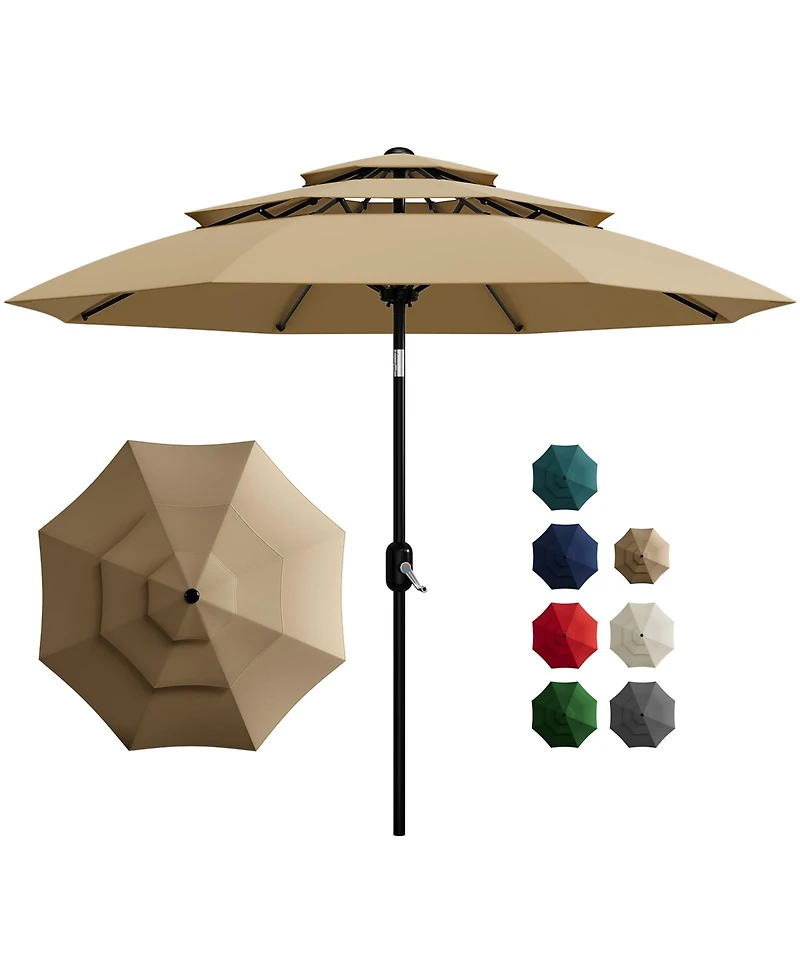 homfan 10Feet 3-Tier Patio Umbrella With Vents, Outdoor Table Umbrella, Easy Crank, Push Button Tilt, 8 Sturdy Ribs For Pool, Deck, Yard And Garden