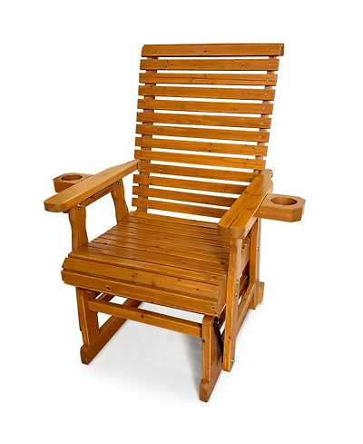 Mega Casa Solid Wood Outdoor Glider Chair, All-Weather High Back Patio Rocker with Dual Cup Holders