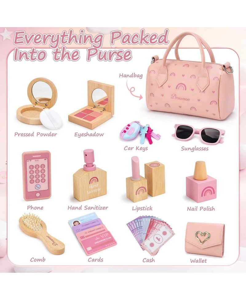 Gnuadz 30PCS Play Purse Wooden Makeup Kit Handbag Phone Wallet Keys Princess Gift 3-6 Year Old