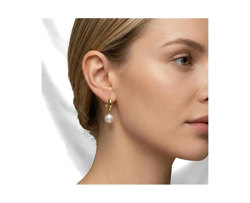 Rachel Glauber Elegant 14K Gold Plated Pearl Drop Chunky Hoop Earrings