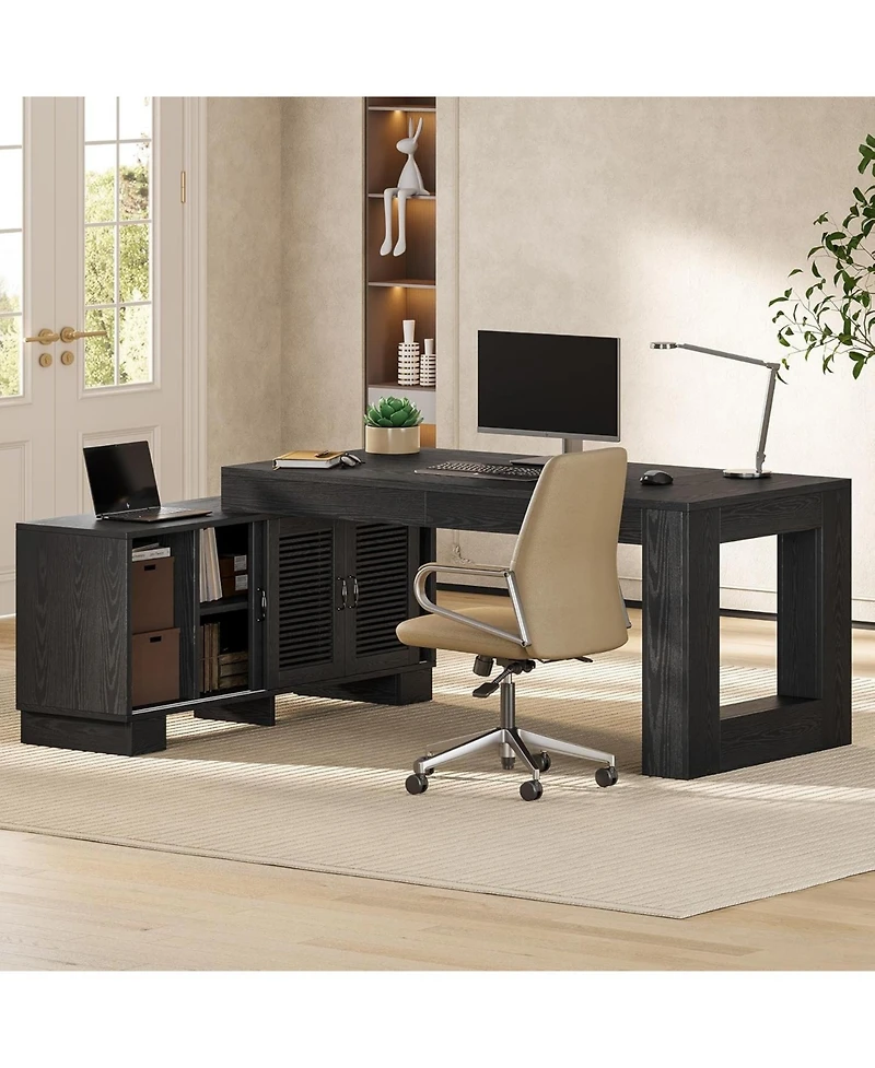 Tribesigns 63-Inch L-Shaped Wood Executive Desk with Storage Cabinets and 2-Tier Shelf, Modern Business Workstation