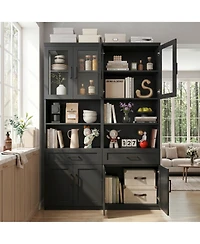 Aheaplus 80'' Tall Kitchen Pantry Cabinet with Glass Door and Wood Drawer