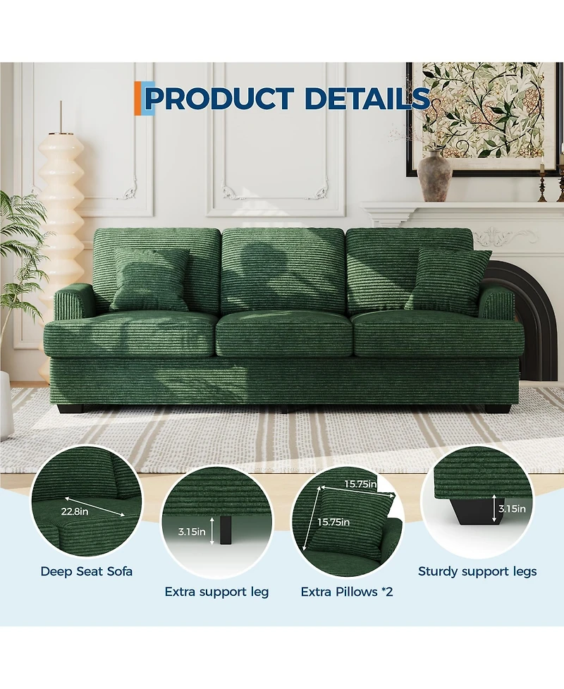 homfan 86" Corduroy Comfy Sofa, 3-Seater with 2 Throw Pillows, Cloud Couch Deep Seats, Removable Back Cushions, Modern Sofa for Living Room.