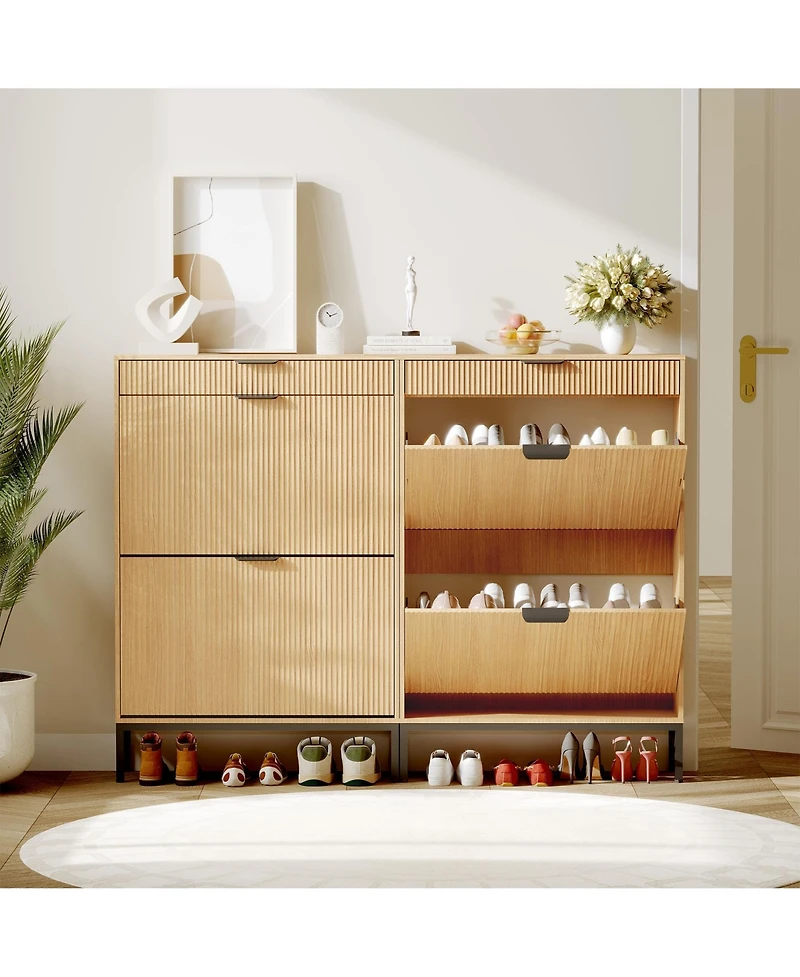 homfan Narrow Shoe Cabinet Storage for Entryway, Modern Fluted Shoe Rack Organizer with 2 Flip Drawers and An Open Shelf for Hallway, Living Room