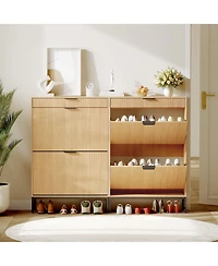 homfan Narrow Shoe Cabinet Storage for Entryway, Modern Fluted Shoe Rack Organizer with 2 Flip Drawers and An Open Shelf for Hallway, Living Room