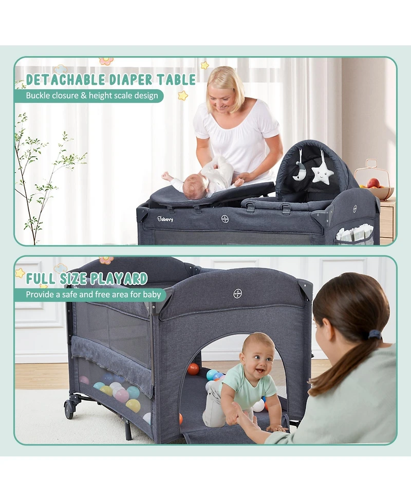 Gaomon 5-in-1 Foldable Pack and Play Baby Playard, Bedside Sleeper with Bassinet Diaper Changer, Lockable Wheel Nursery Center for Newborn Toddler