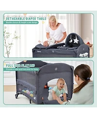 Gaomon 5-in-1 Foldable Pack and Play Baby Playard, Bedside Sleeper with Bassinet Diaper Changer, Lockable Wheel Nursery Center for Newborn Toddler