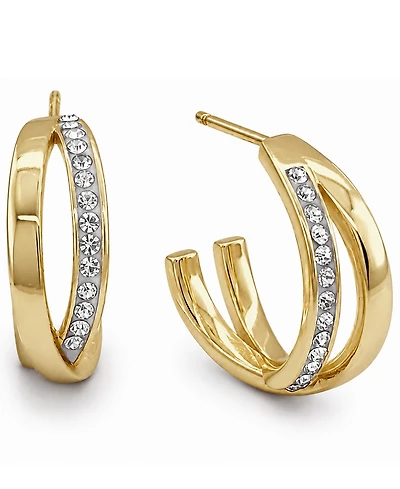 Essentials High Polished Clear Crystal Cross Over C Hoop Earring, Gold Plate and Silver Plate