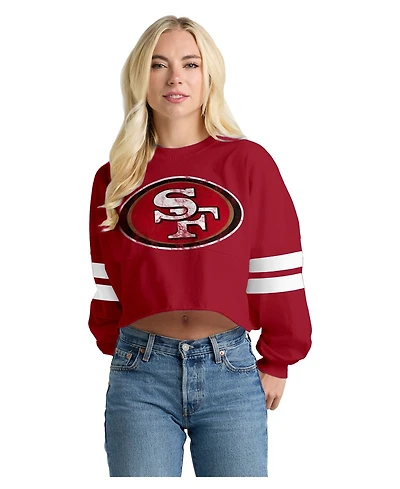 Spirit Jersey Women's Scarlet San Francisco 49ers Oversized Cropped Stripe Long Sleeve T-Shirt