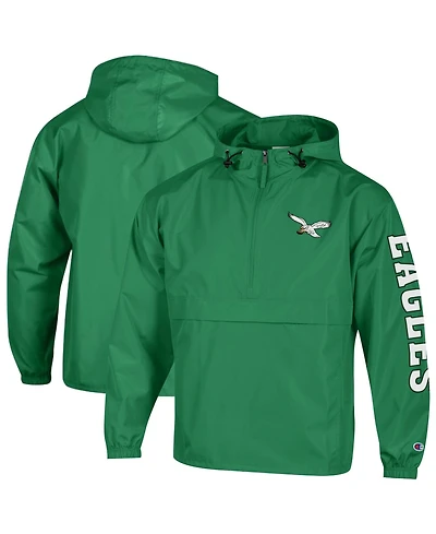 Champion Men's Kelly Green Philadelphia Eagles Packable Hooded Windbreaker Half-Zip Jacket