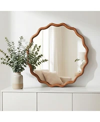 Laoties 24" Round Wavy Wood Frame Accent Mirror for Entryway and Bathroom